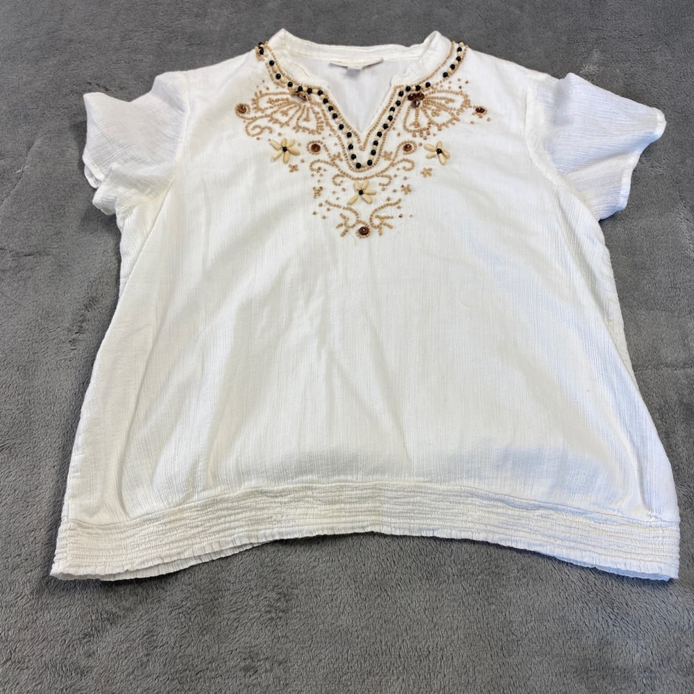 JM Collection Blouse Women 10P White Beaded Embroidered Cotton Gauze Smocked Hem